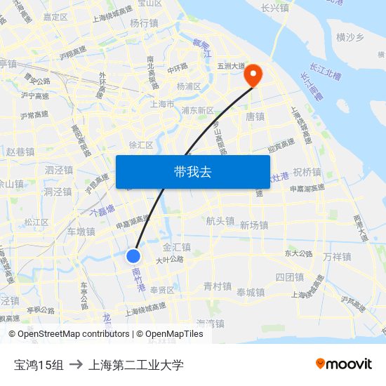 宝鸿15组 to 上海第二工业大学 map