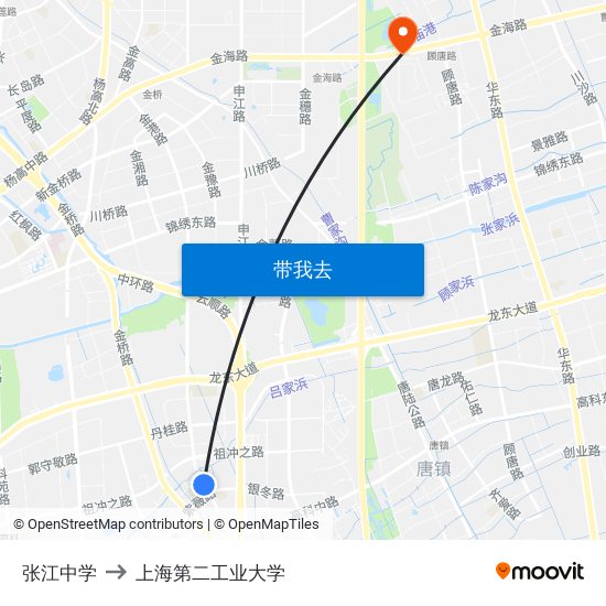 张江中学 to 上海第二工业大学 map