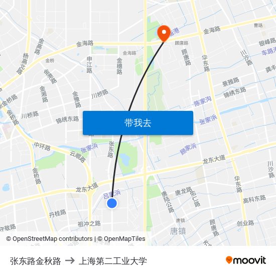 张东路金秋路 to 上海第二工业大学 map
