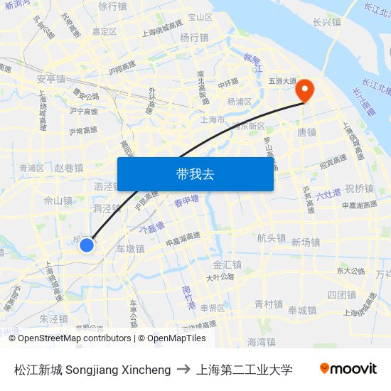 松江新城 Songjiang Xincheng to 上海第二工业大学 map