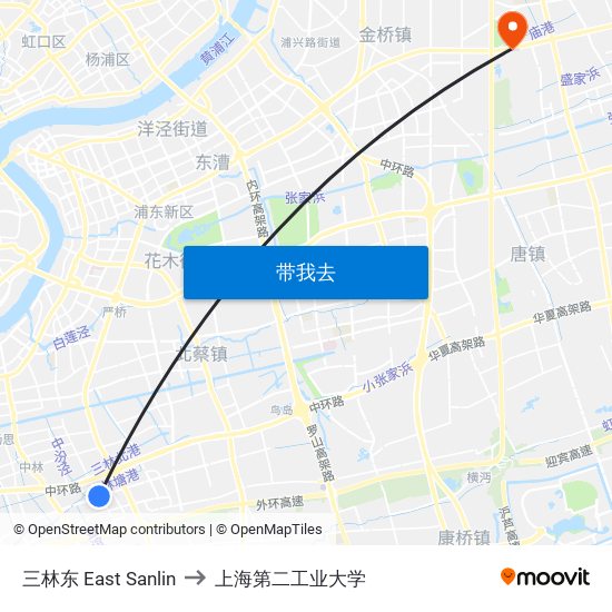 三林东 East Sanlin to 上海第二工业大学 map