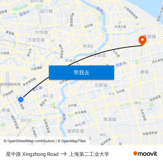 星中路 Xingzhong Road to 上海第二工业大学 map