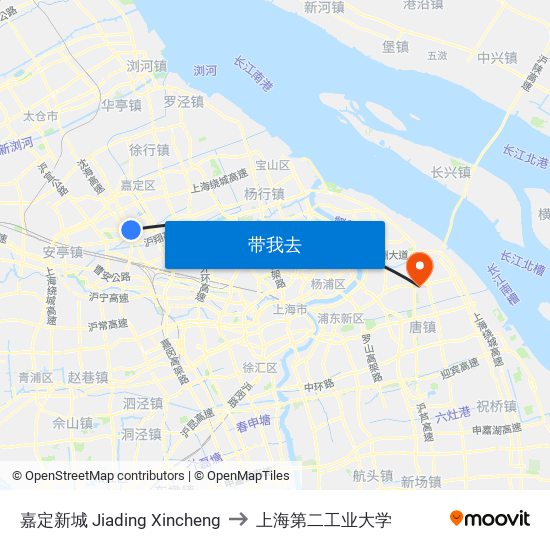 嘉定新城 Jiading Xincheng to 上海第二工业大学 map