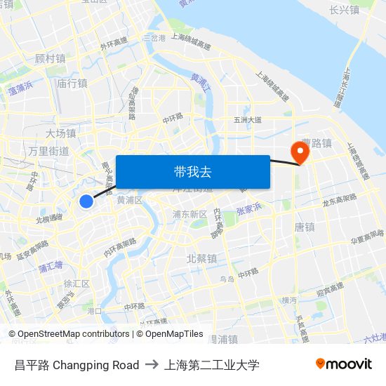 昌平路 Changping Road to 上海第二工业大学 map