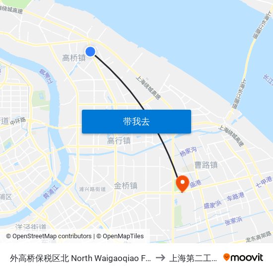外高桥保税区北 North Waigaoqiao Free Trade Zone to 上海第二工业大学 map