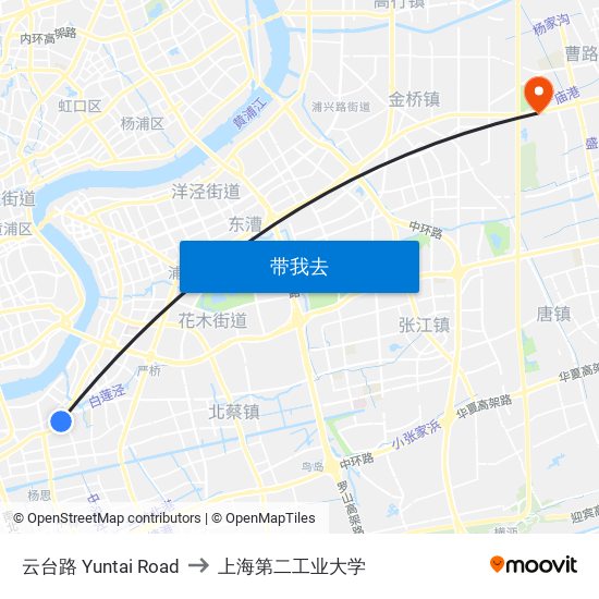 云台路 Yuntai Road to 上海第二工业大学 map