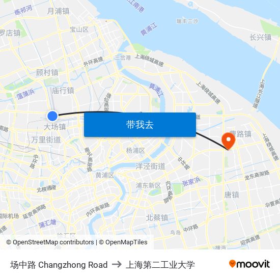 场中路 Changzhong Road to 上海第二工业大学 map