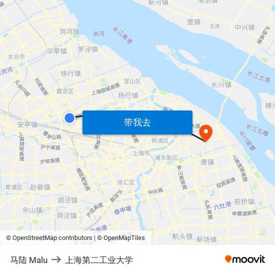 马陆 Malu to 上海第二工业大学 map