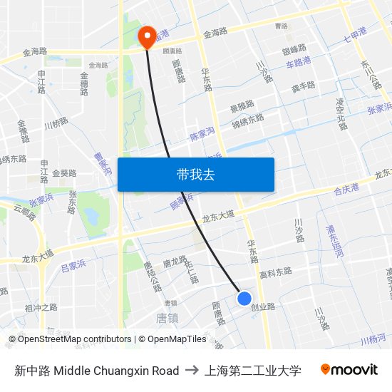 新中路 Middle Chuangxin Road to 上海第二工业大学 map