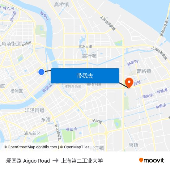 爱国路 Aiguo Road to 上海第二工业大学 map