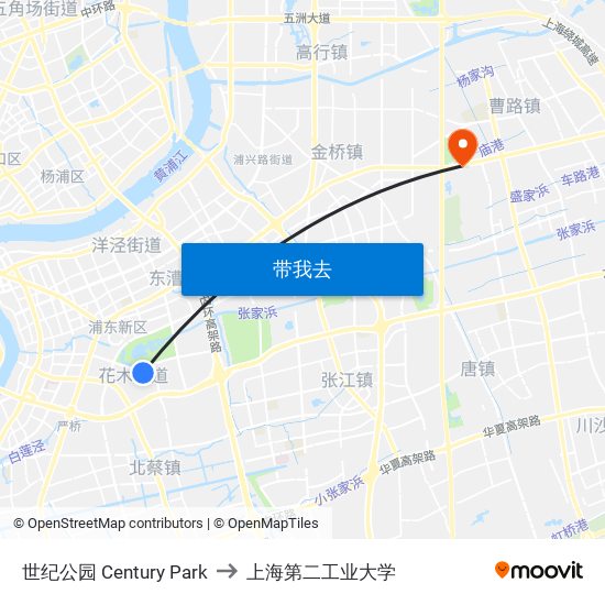 世纪公园 Century Park to 上海第二工业大学 map