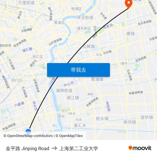金平路 Jinping Road to 上海第二工业大学 map