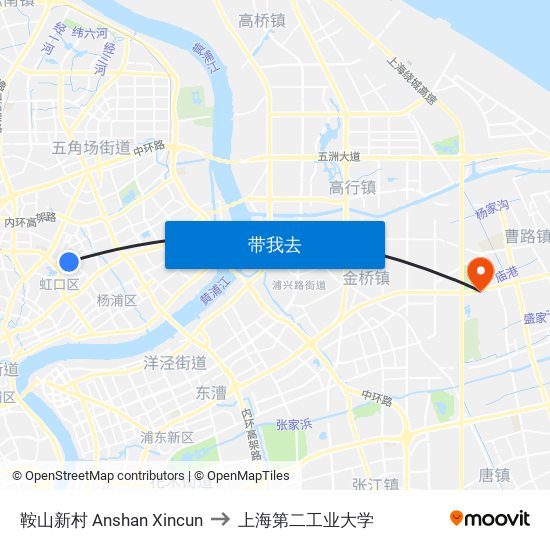 鞍山新村 Anshan Xincun to 上海第二工业大学 map