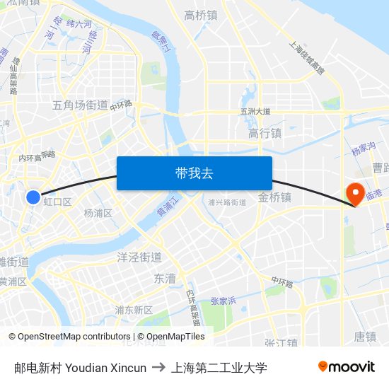 邮电新村 Youdian Xincun to 上海第二工业大学 map
