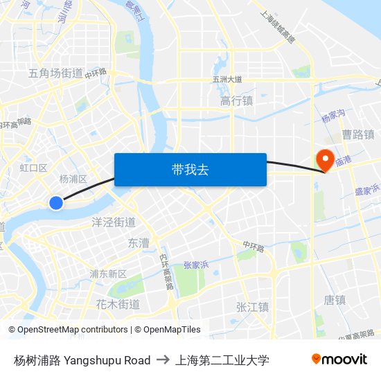 杨树浦路 Yangshupu Road to 上海第二工业大学 map
