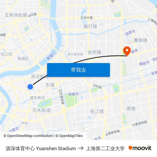 源深体育中心 Yuanshen Stadium to 上海第二工业大学 map