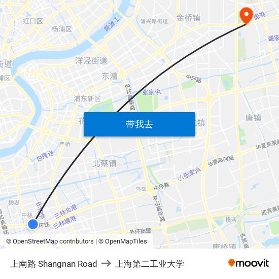 上南路 Shangnan Road to 上海第二工业大学 map