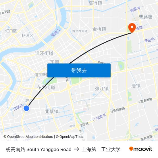 杨高南路 South Yanggao Road to 上海第二工业大学 map