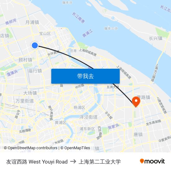 友谊西路 West Youyi Road to 上海第二工业大学 map