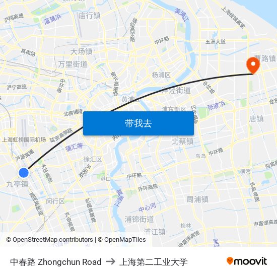 中春路 Zhongchun Road to 上海第二工业大学 map