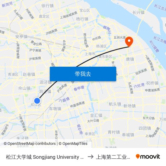 松江大学城 Songjiang University Town to 上海第二工业大学 map