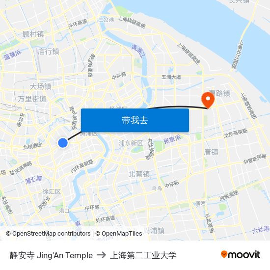 静安寺 Jing'An Temple to 上海第二工业大学 map
