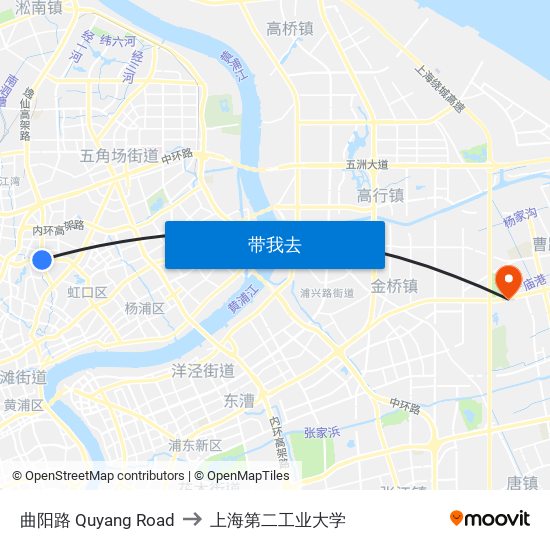 曲阳路 Quyang Road to 上海第二工业大学 map