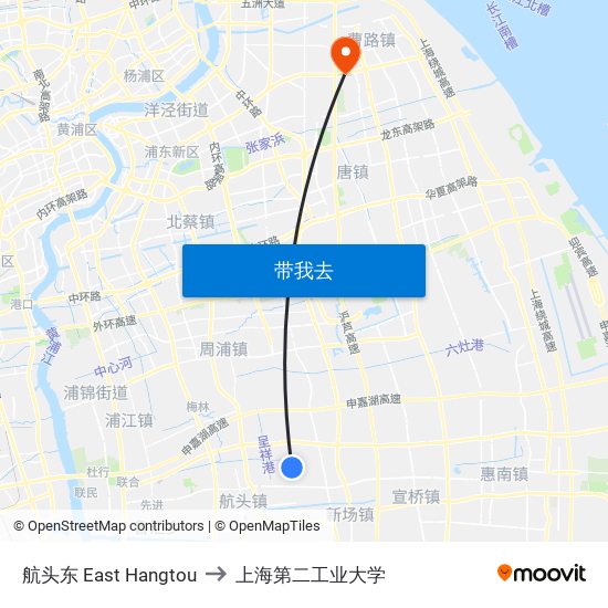 航头东 East Hangtou to 上海第二工业大学 map