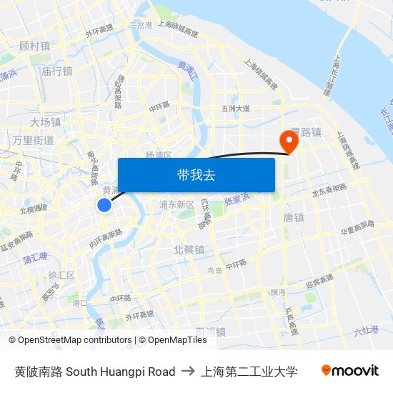 黄陂南路 South Huangpi Road to 上海第二工业大学 map