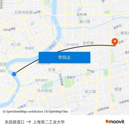 东昌路渡口 to 上海第二工业大学 map