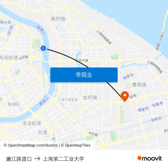 嫩江路渡口 to 上海第二工业大学 map