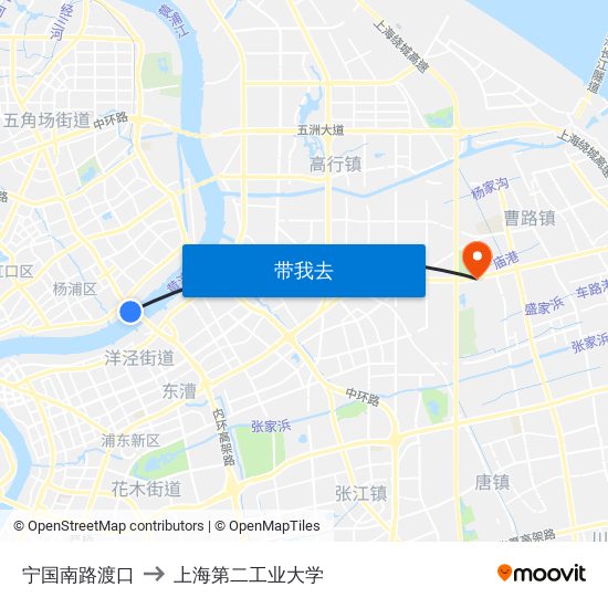 宁国南路渡口 to 上海第二工业大学 map