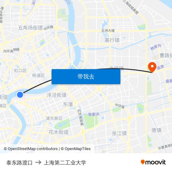 泰东路渡口 to 上海第二工业大学 map