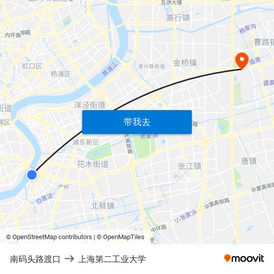 南码头路渡口 to 上海第二工业大学 map