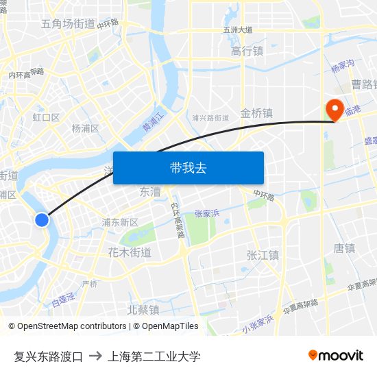 复兴东路渡口 to 上海第二工业大学 map