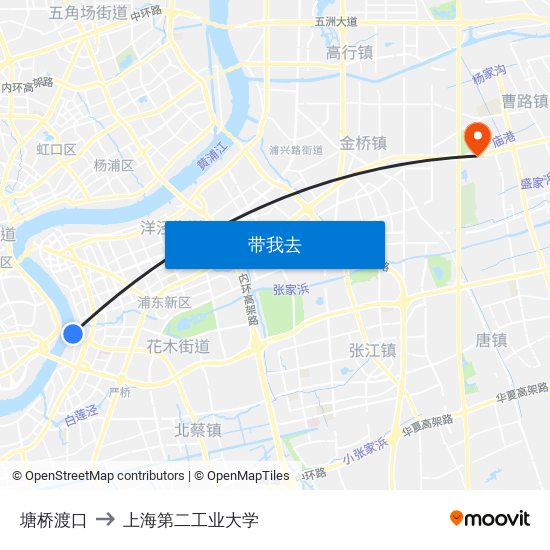 塘桥渡口 to 上海第二工业大学 map