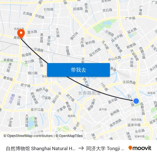 自然博物馆 Shanghai Natural History Museum to 同济大学 Tongji University map