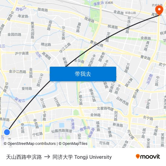 天山西路申滨路 to 同济大学 Tongji University map