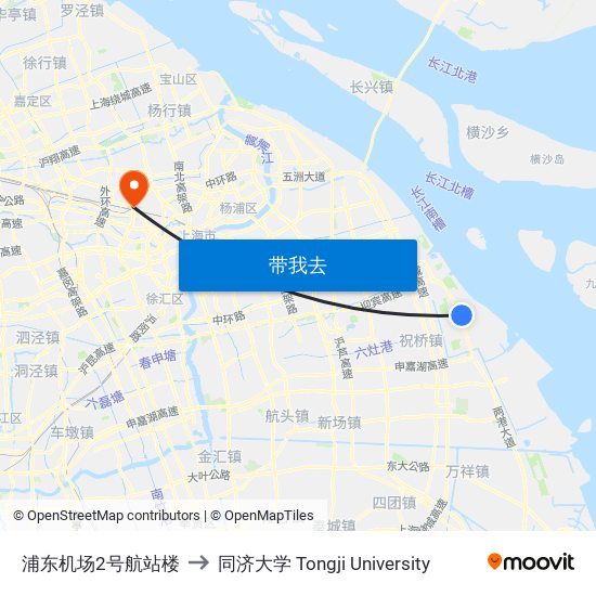 浦东机场2号航站楼 to 同济大学 Tongji University map