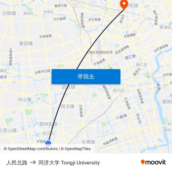 人民北路 to 同济大学 Tongji University map