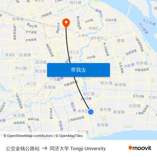 公交金钱公路站 to 同济大学 Tongji University map