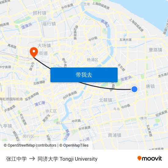 张江中学 to 同济大学 Tongji University map