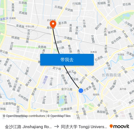金沙江路 Jinshajiang Road to 同济大学 Tongji University map