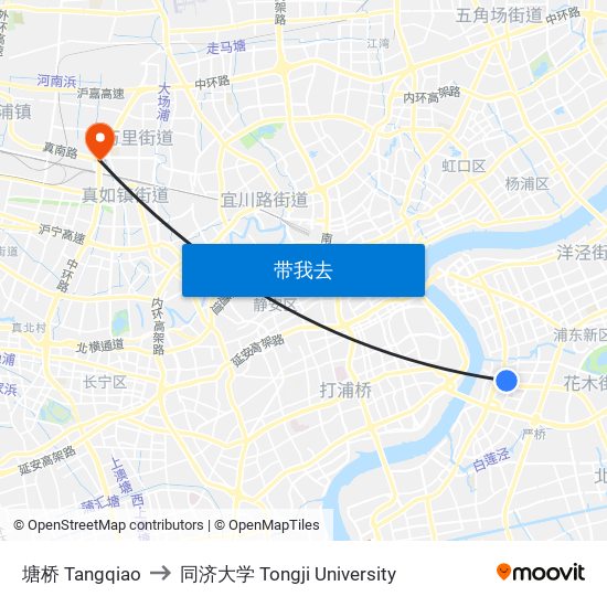 塘桥 Tangqiao to 同济大学 Tongji University map