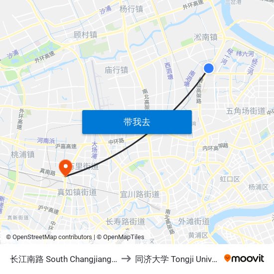 长江南路 South Changjiang Road to 同济大学 Tongji University map