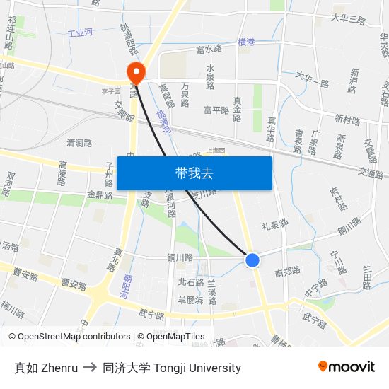真如 Zhenru to 同济大学 Tongji University map