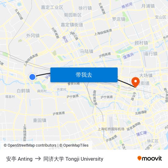 安亭 Anting to 同济大学 Tongji University map
