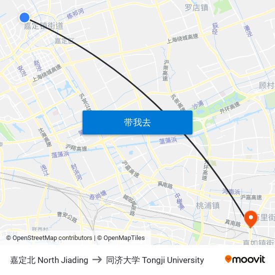 嘉定北 North Jiading to 同济大学 Tongji University map