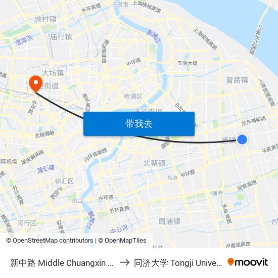新中路 Middle Chuangxin Road to 同济大学 Tongji University map