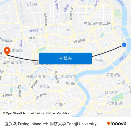 复兴岛 Fuxing Island to 同济大学 Tongji University map
